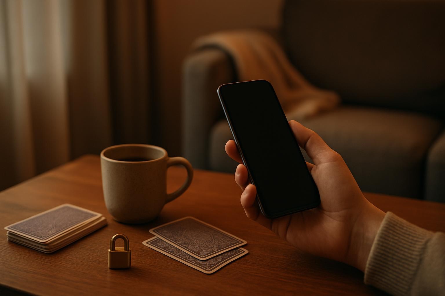 Hand hält ein Smartphone, daneben verdeckte Karten mit ornamentaler Rückseite und ein Messing-Vorhängeschloss auf einem Tisch